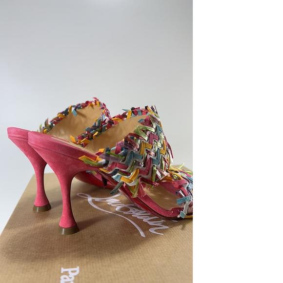 Meroine Pink Rainbow Woven 85mm raffia fringe heels mules D976 - Picture 6 of 11